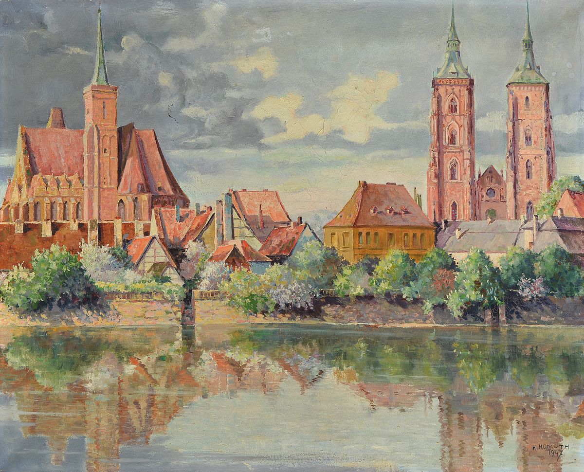 Erwin Herman Homuth, 1890-1968, Blick auf die Sandinsel in Breslau, Öl/Lwd, rechts unten signiert und dat. 1947, ca. 60x75cm/ 73x88cm, R.