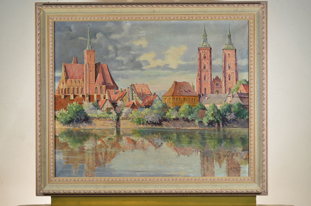 Detail k: Erwin Herman Homuth, 1890-1968, Blick auf die Sandinsel in Breslau, Öl/Lwd, rechts unten signiert und dat. 1947, ca. 60x75cm/ 73x88cm, R.