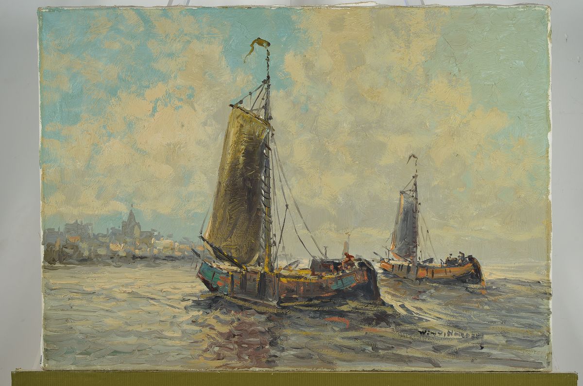 Detail k: Wim van Norden, 1917-2001, Fischerboote vor der Küste, Öl/Lwd, rechts unten signiert, ca. 50x70cm