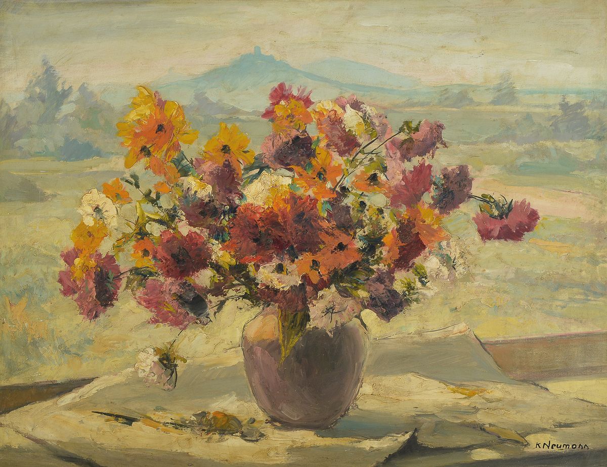 Karl Neumann, 1891-1985, war tätig in Giessen, hier: Blumenstrauß am Fenster, im Hintergrund die Burg Vetzberg, Öl/Hartfaser, links unten ...