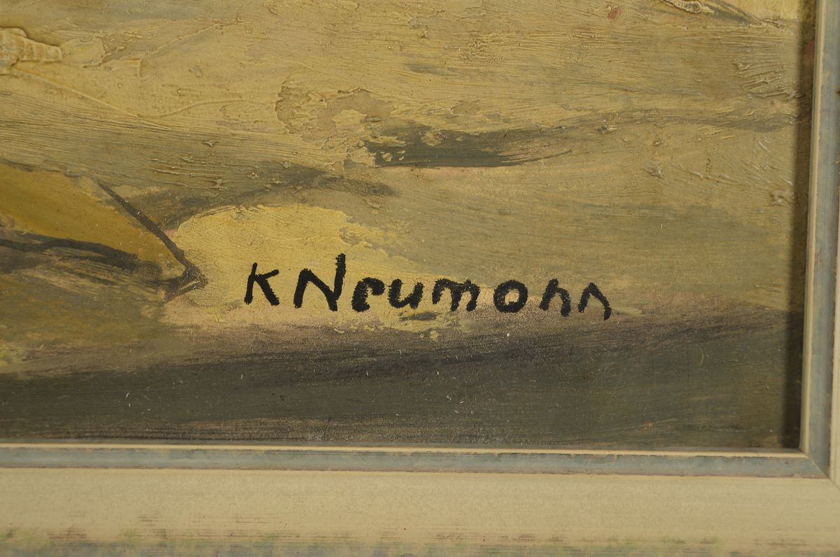 Detail a: Karl Neumann, 1891-1985, war tätig in Giessen, hier: Blumenstrauß am Fenster, im Hintergrund die Burg Vetzberg, Öl/Hartfaser, links unten ...