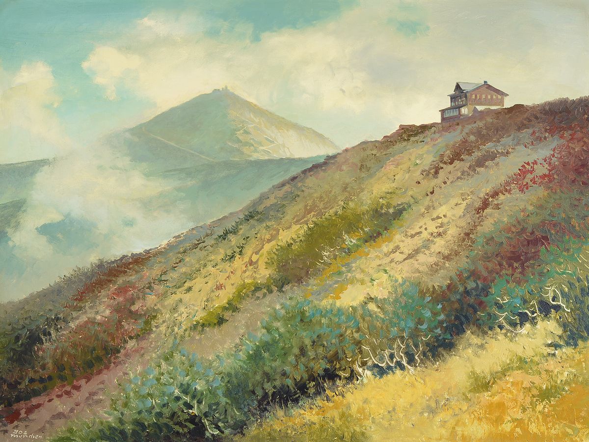 Josef Süssmeier, 1896 Rohr-1971 München, Prinz Heinrich-Baude und Schneekoppe Riesengebirge, Öl/Lwd, links unten sign.: JOS München, ca. ...