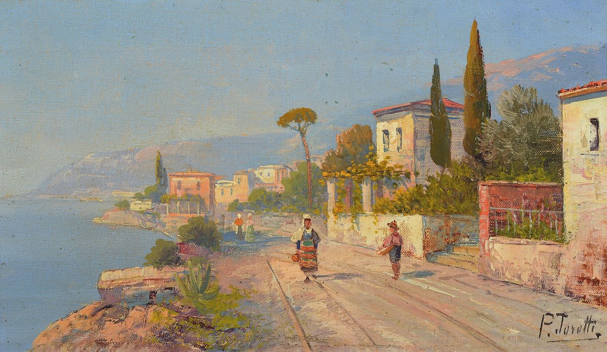 Pietro Toretti, 1888-1927 Italien, südliche Küstenlandschaft mit Personen, Öl/Lwd, rechts unten signiert, ca. 18x31cm/25x38cm, R.