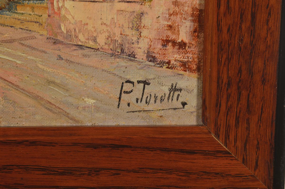 Detail a: Pietro Toretti, 1888-1927 Italien, südliche Küstenlandschaft mit Personen, Öl/Lwd, rechts unten signiert, ca. 18x31cm/25x38cm, R.
