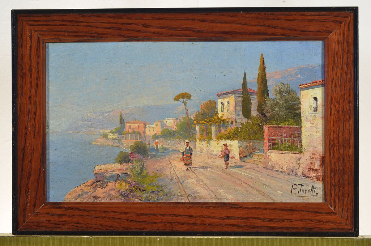 Detail k: Pietro Toretti, 1888-1927 Italien, südliche Küstenlandschaft mit Personen, Öl/Lwd, rechts unten signiert, ca. 18x31cm/25x38cm, R.