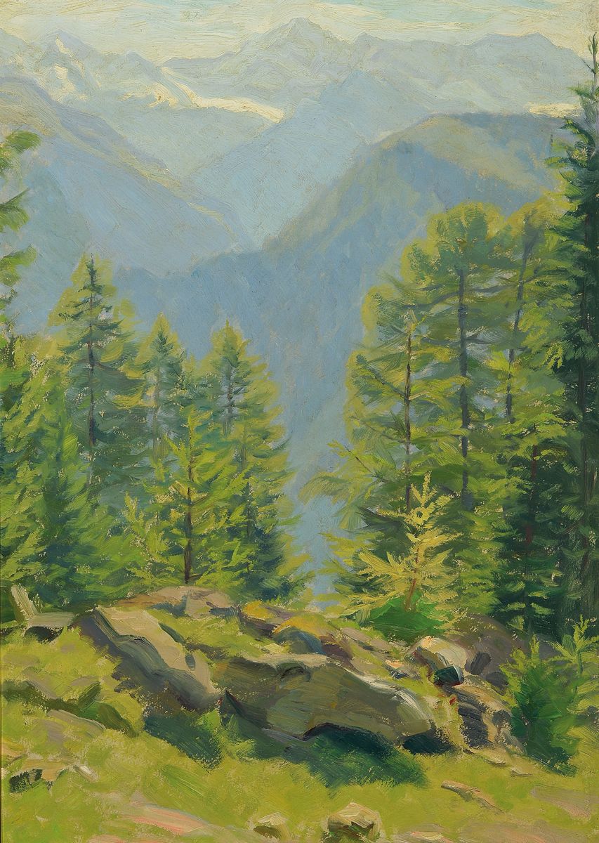 Robert Franz Curry, 1872 Boston-1955 Riederau am Ammersee, Blick durch Bäume auf ein Hochgebirgsmassiv, Öl/Malkarton, unsigniert, aus dem Nachlass ...