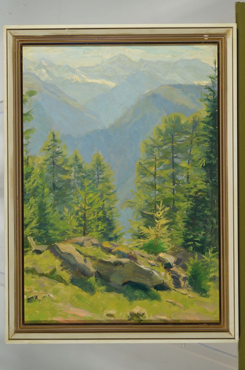 Detail k: Robert Franz Curry, 1872 Boston-1955 Riederau am Ammersee, Blick durch Bäume auf ein Hochgebirgsmassiv, Öl/Malkarton, unsigniert, aus dem Nachlass ...