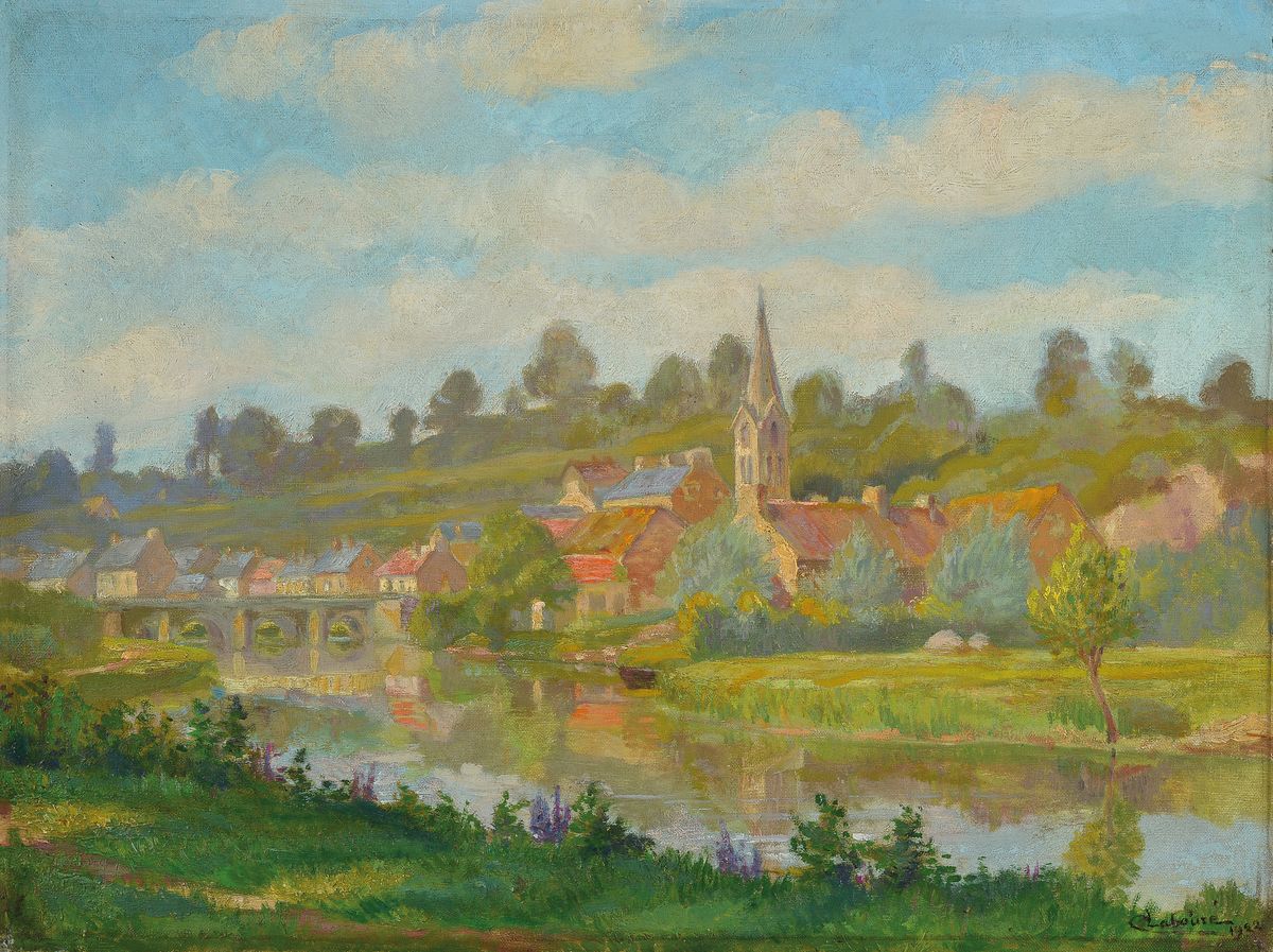 Claudius Pierre Labouré, geb. 1888 Lyon, Studium an der Akademie Paris, hier: Blick über den Fluss auf die Stadt, Öl/Lwd, rest., rechts unten ...