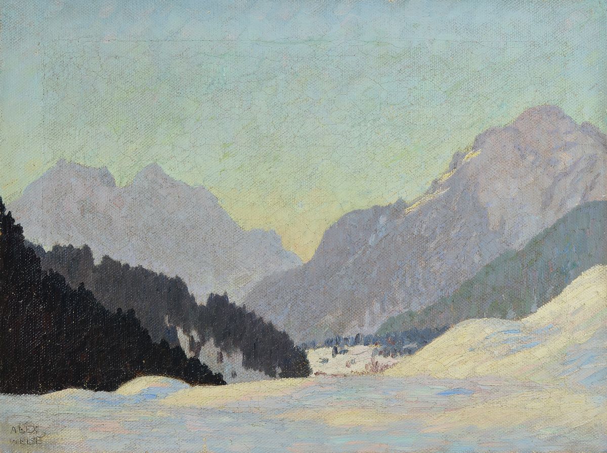 Alexander Weise, 1883 Odessa-1960 München, Verschneite Winterlandschaft im Gebirge, rückseitig auf dem Keilrahmen bez.: Stonskopf Mahrenalpe, ...