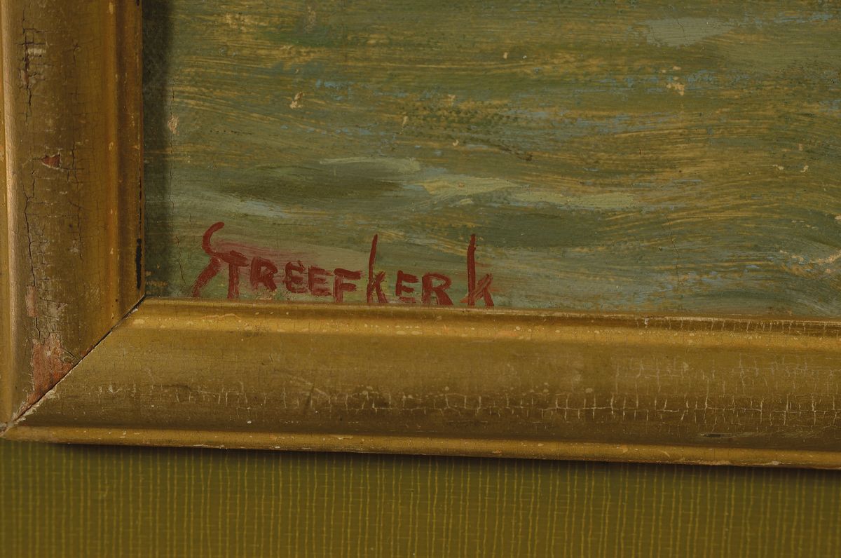 Detail a: Carl August Streefkerk, 1884 Amsterdam-1968 Bussum, Studium an der Akademie Amsterdam, hier: Dreimaster mit voller Takelage, Öl/Lwd, links unten ...