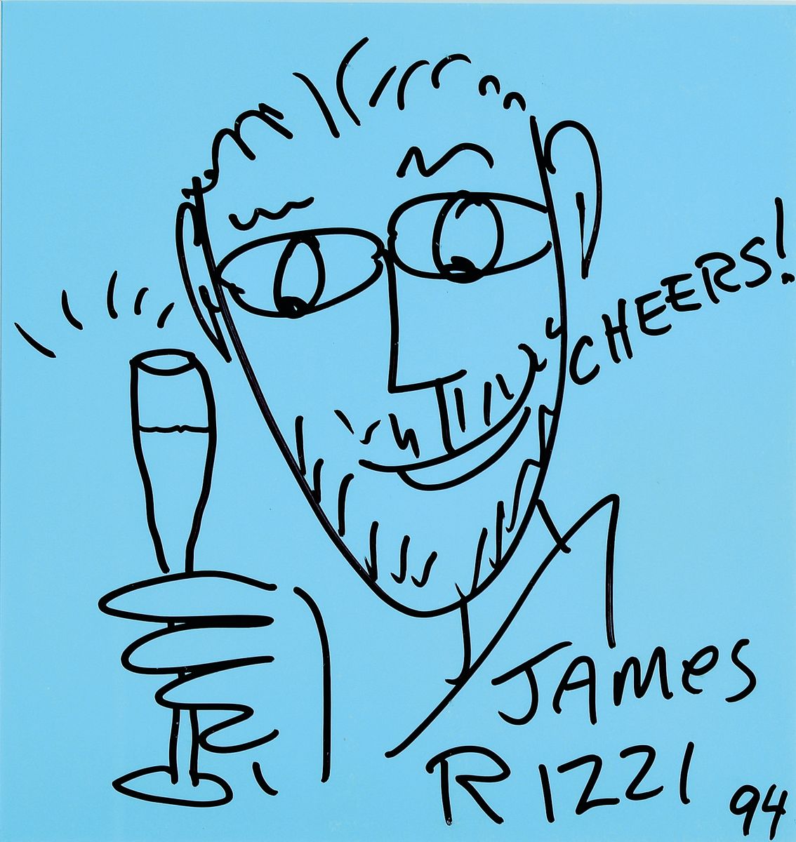 James Rizzi, 1950-2011 New York, Filzstiftzeichnung , handsign., bez. cheers, dat. 94, schwarzer Filzstift auf blauem Papier, am Papier leicht ...