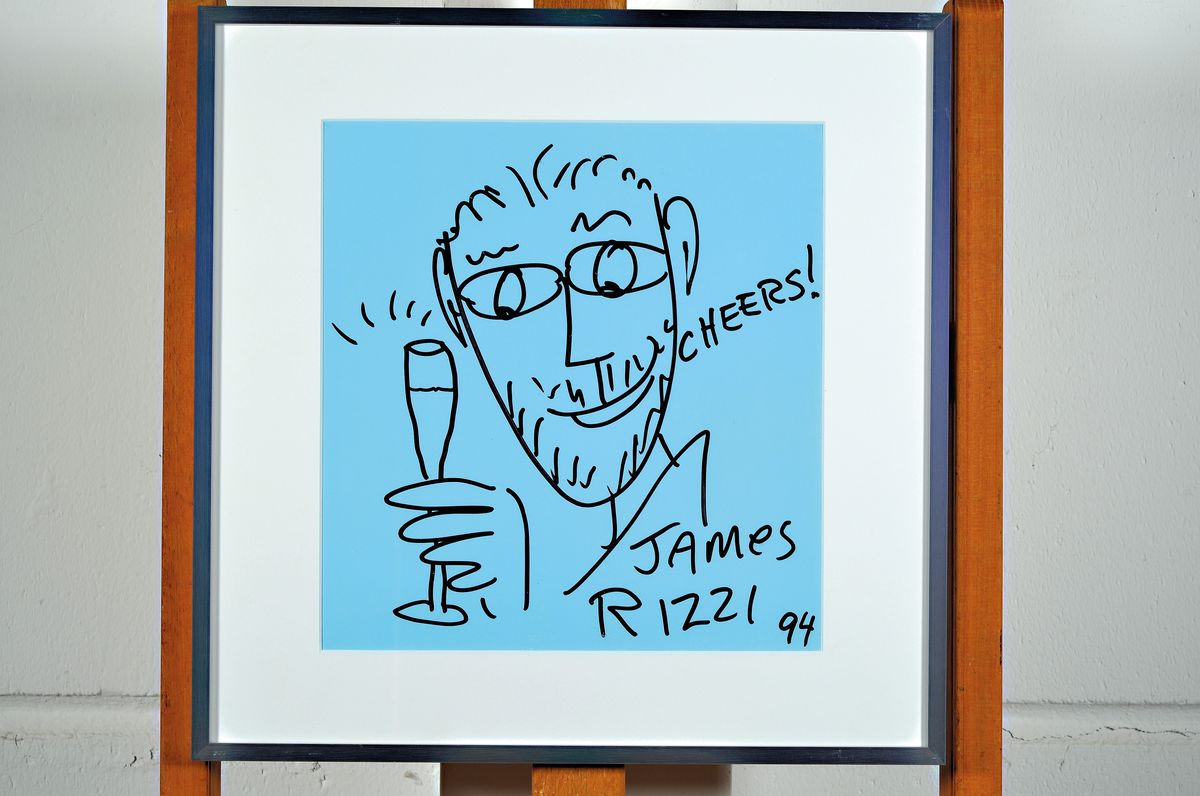 Detail k: James Rizzi, 1950-2011 New York, Filzstiftzeichnung , handsign., bez. cheers, dat. 94, schwarzer Filzstift auf blauem Papier, am Papier leicht ...