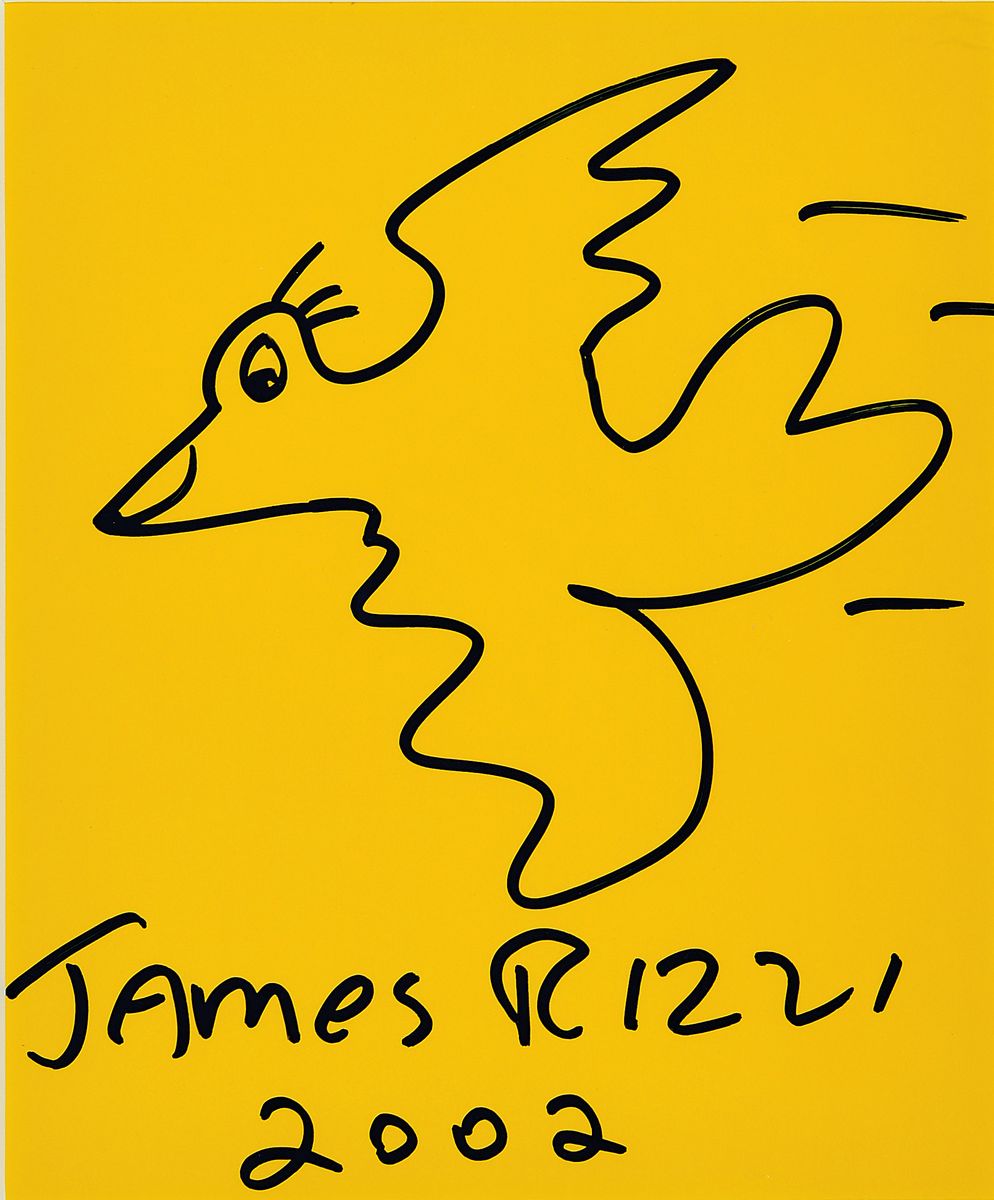 James Rizzi, 1950-2011, New York, Bird, Filzstiftzeichnung, handsign., dat. 2002, schwarzer Filzstift auf blauem Papier, unter Glas gerahmt, gesamt ...
