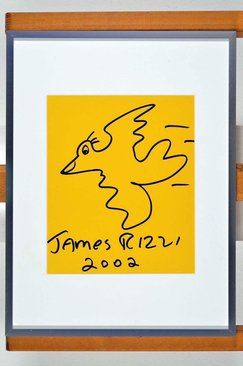 Detail k: James Rizzi, 1950-2011, New York, Bird, Filzstiftzeichnung, handsign., dat. 2002, schwarzer Filzstift auf blauem Papier, unter Glas gerahmt, gesamt ...