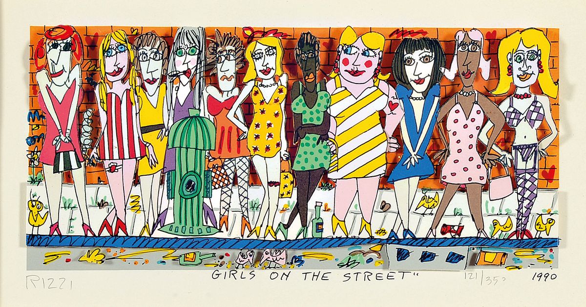 James Rizzi, 1950-2011, New York, Girls on the Street, 3D-Konstruktion, handsign., num. 121/350, dat. 1990, unter Glas gerahmt, Rahmen beschädigt, ...
