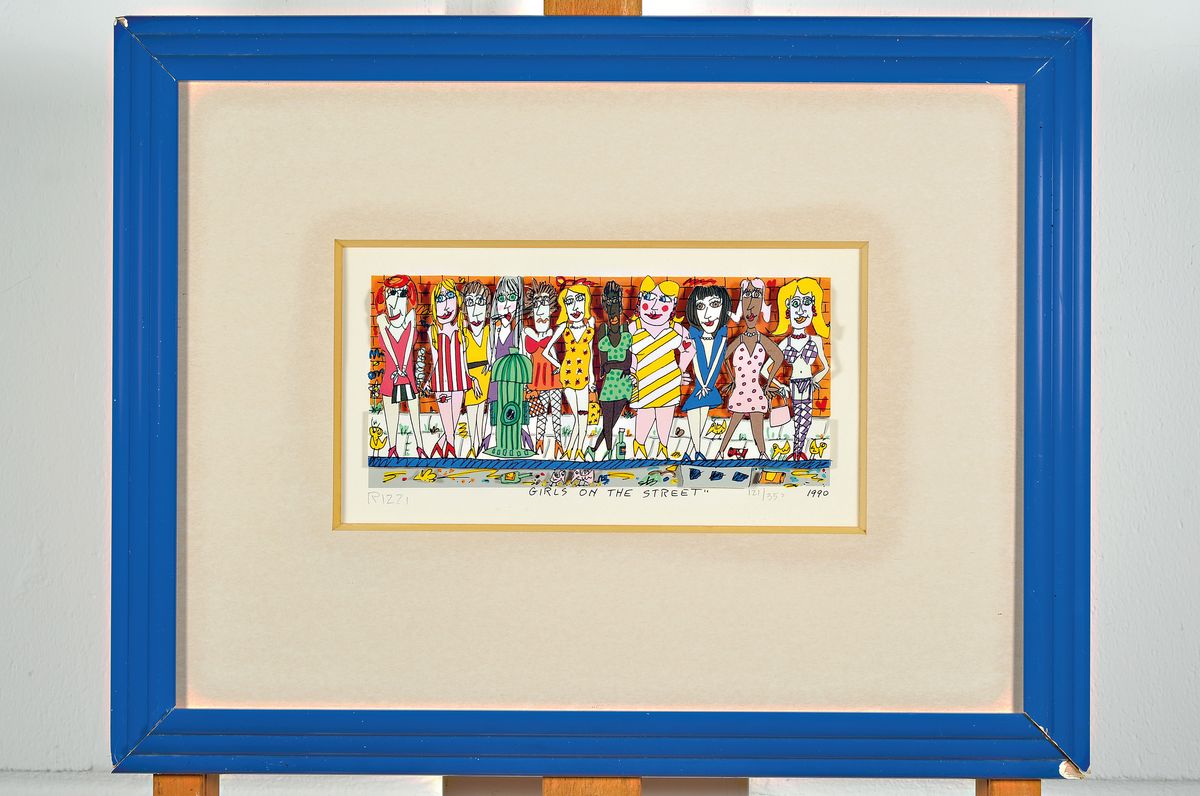 Detail k: James Rizzi, 1950-2011, New York, Girls on the Street, 3D-Konstruktion, handsign., num. 121/350, dat. 1990, unter Glas gerahmt, Rahmen beschädigt, ...