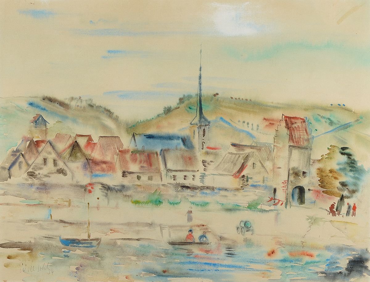 Will Sohl, 1906 Ludwigshafen-1969 Heidelberg, Stadt mit Bootszene und Figurenstaffage, Aquarell auf Papier, links unten signiert und datiert (19)34, ...