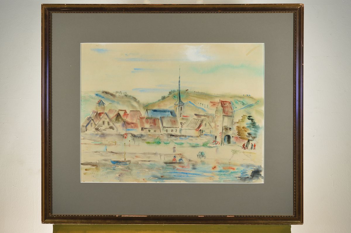 Detail k: Will Sohl, 1906 Ludwigshafen-1969 Heidelberg, Stadt mit Bootszene und Figurenstaffage, Aquarell auf Papier, links unten signiert und datiert (19)34, ...