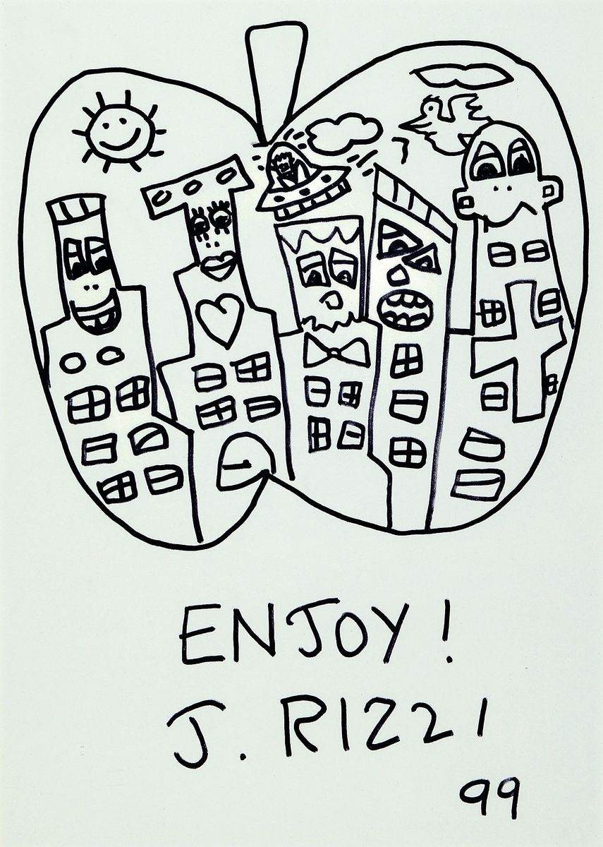 James Rizzi, 1950-2011, Filzstiftzeichnung, handsign., dat. 99, unter Glas gerahmt, gesamt ca. 43,4x34 cm