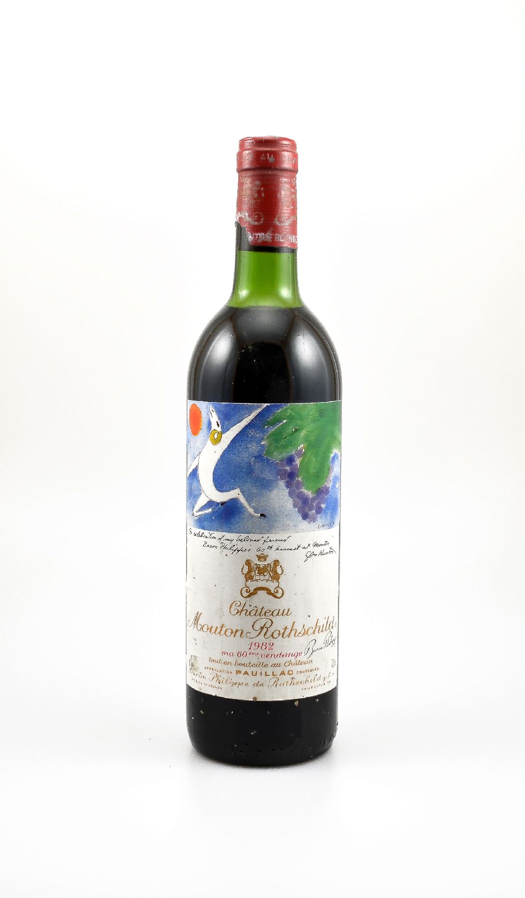 1 Flasche 1982 Chateau Mouton Rothschild, Pauillac, Premier Grand Cru Classe, ca. 75 cl,Füllstand: ca. top shoulder, Etikett l. beschmutzt, Kapsel ...