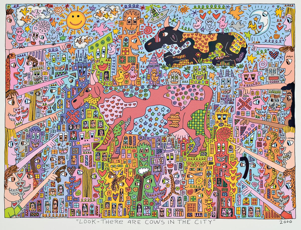 James Rizzi, 1950-2011, "Look there are cows in the city", Farblithografie, dat. 2000, Motiv ca. 33x45 cm, gesamt ca. 45,5x56 cm