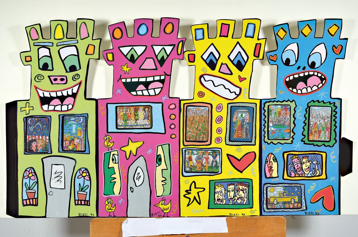 James Rizzi, 1950-2011, "Tower", mit 6 Telefonkarten, und Begleitbroschüre, sign., dat. 93, ca. 85x50 cm