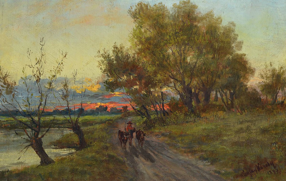 R. Karoly, 1875-1954, Flusslandschaft mit Bauer und Kühen, Öl/Holz, rechts unten signiert, datiert 1897, ca. 21x32cm/30x41cm, Rahmen mit ...