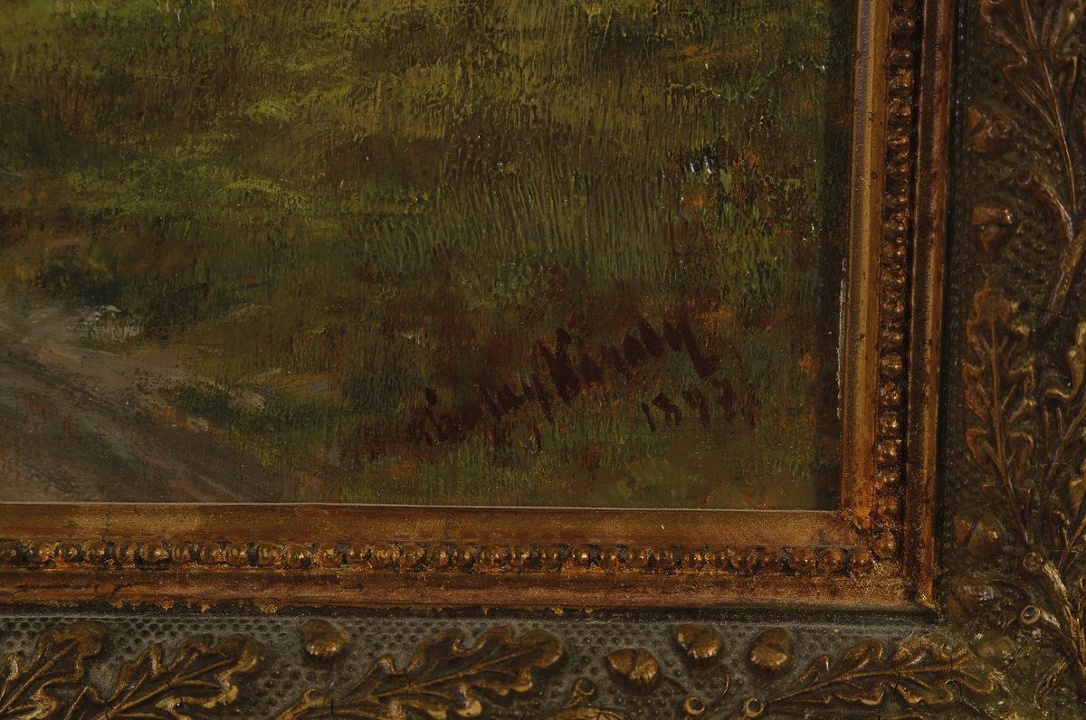 Detail a: R. Karoly, 1875-1954, Flusslandschaft mit Bauer und Kühen, Öl/Holz, rechts unten signiert, datiert 1897, ca. 21x32cm/30x41cm, Rahmen mit ...