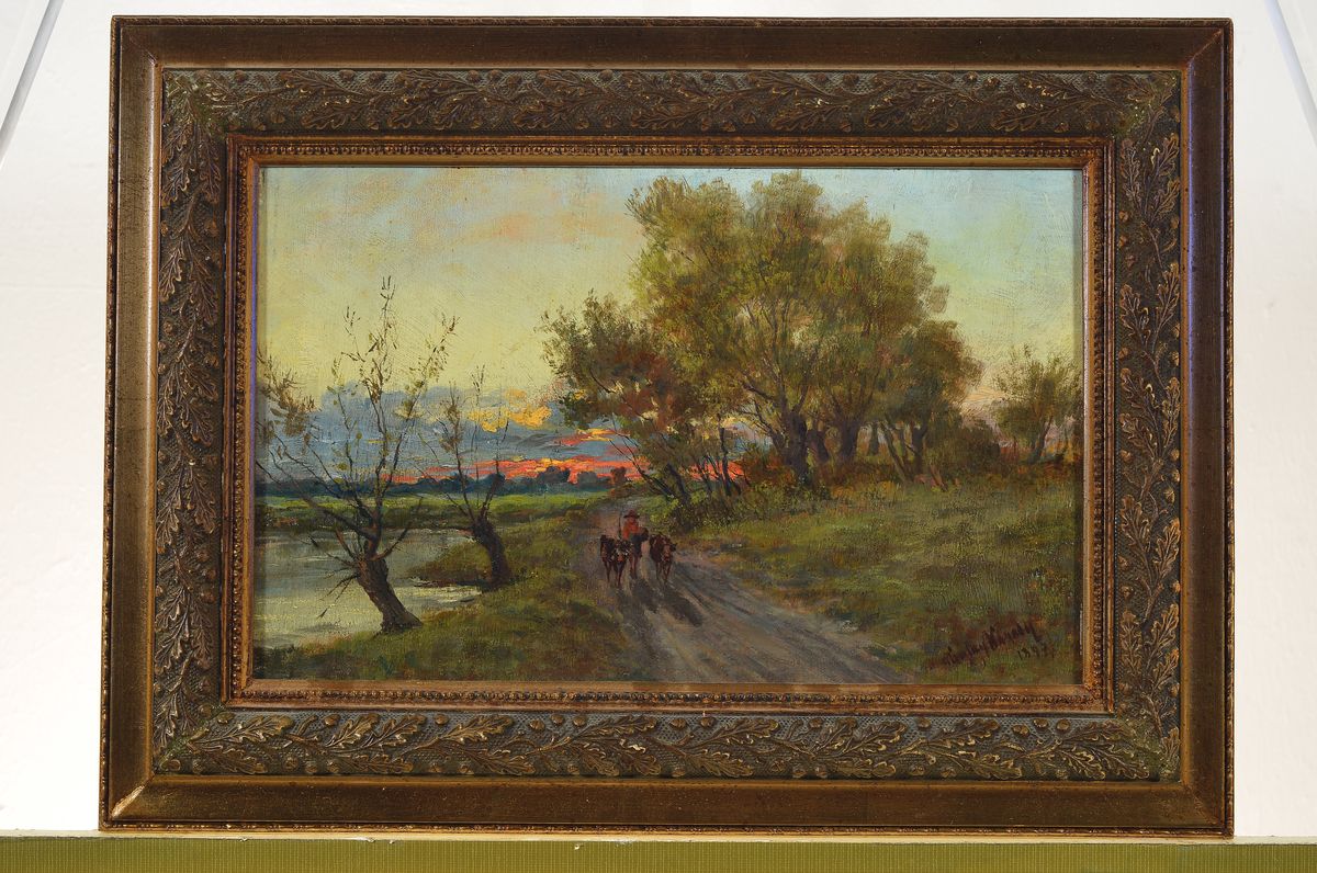 Detail k: R. Karoly, 1875-1954, Flusslandschaft mit Bauer und Kühen, Öl/Holz, rechts unten signiert, datiert 1897, ca. 21x32cm/30x41cm, Rahmen mit ...