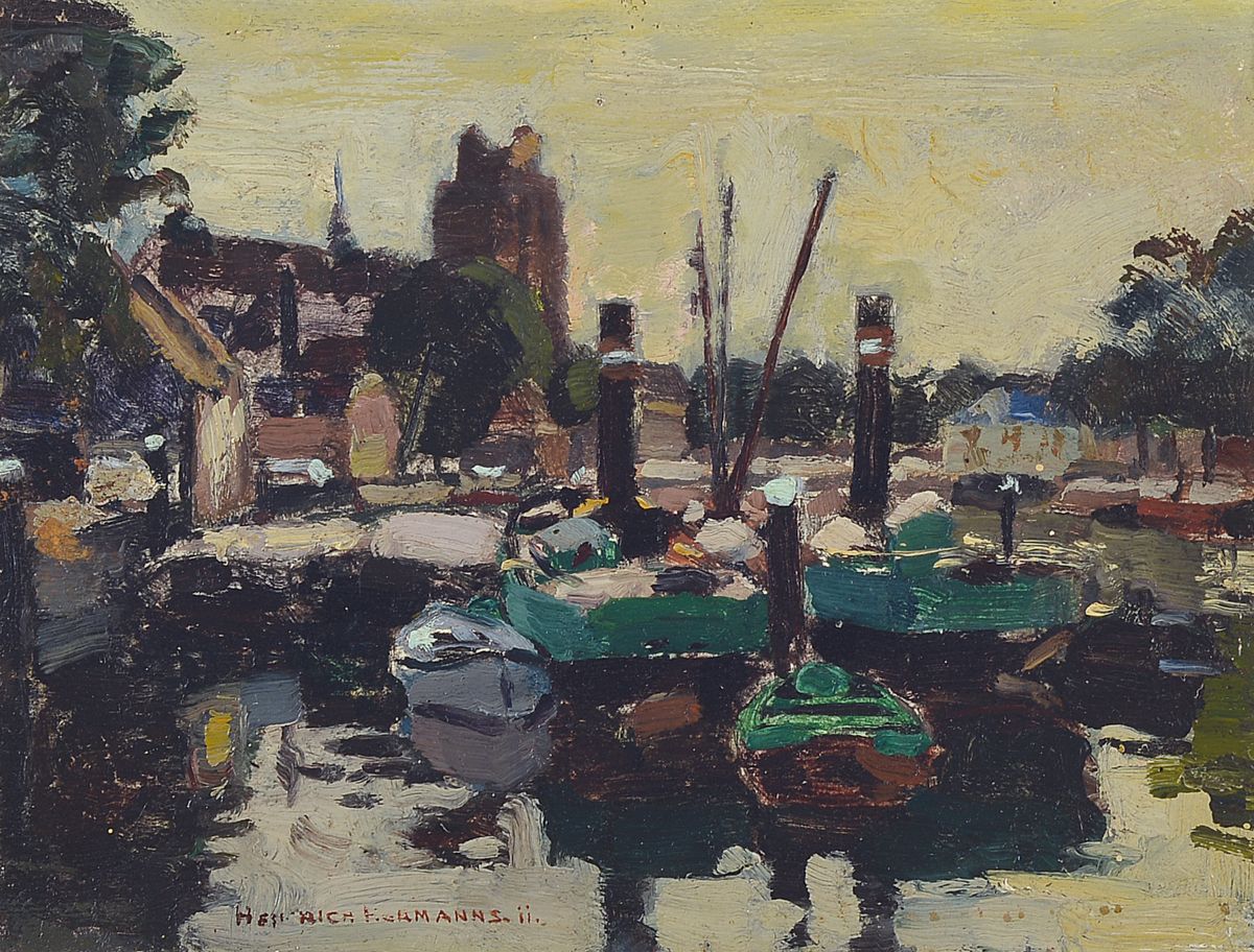 Hermann Heinrichs, 1862-1942 Düsseldorf, Der Hafen von Dordrecht, Öl/Malkarton, links unten signiert, ca. 19.5x25cm, PP, R.