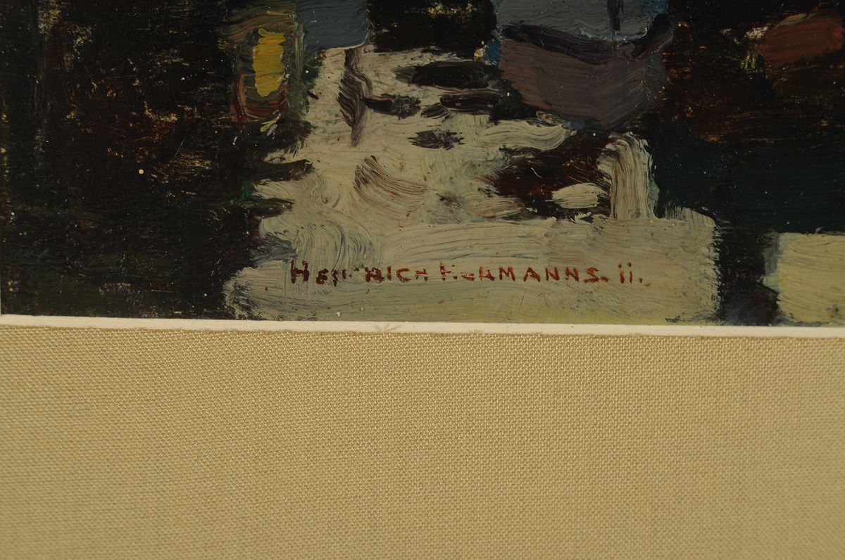 Detail a: Hermann Heinrichs, 1862-1942 Düsseldorf, Der Hafen von Dordrecht, Öl/Malkarton, links unten signiert, ca. 19.5x25cm, PP, R.