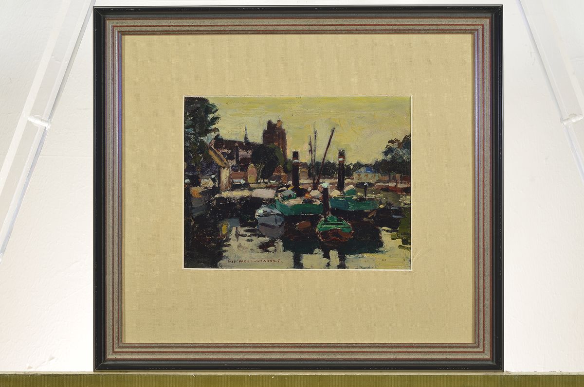 Detail k: Hermann Heinrichs, 1862-1942 Düsseldorf, Der Hafen von Dordrecht, Öl/Malkarton, links unten signiert, ca. 19.5x25cm, PP, R.