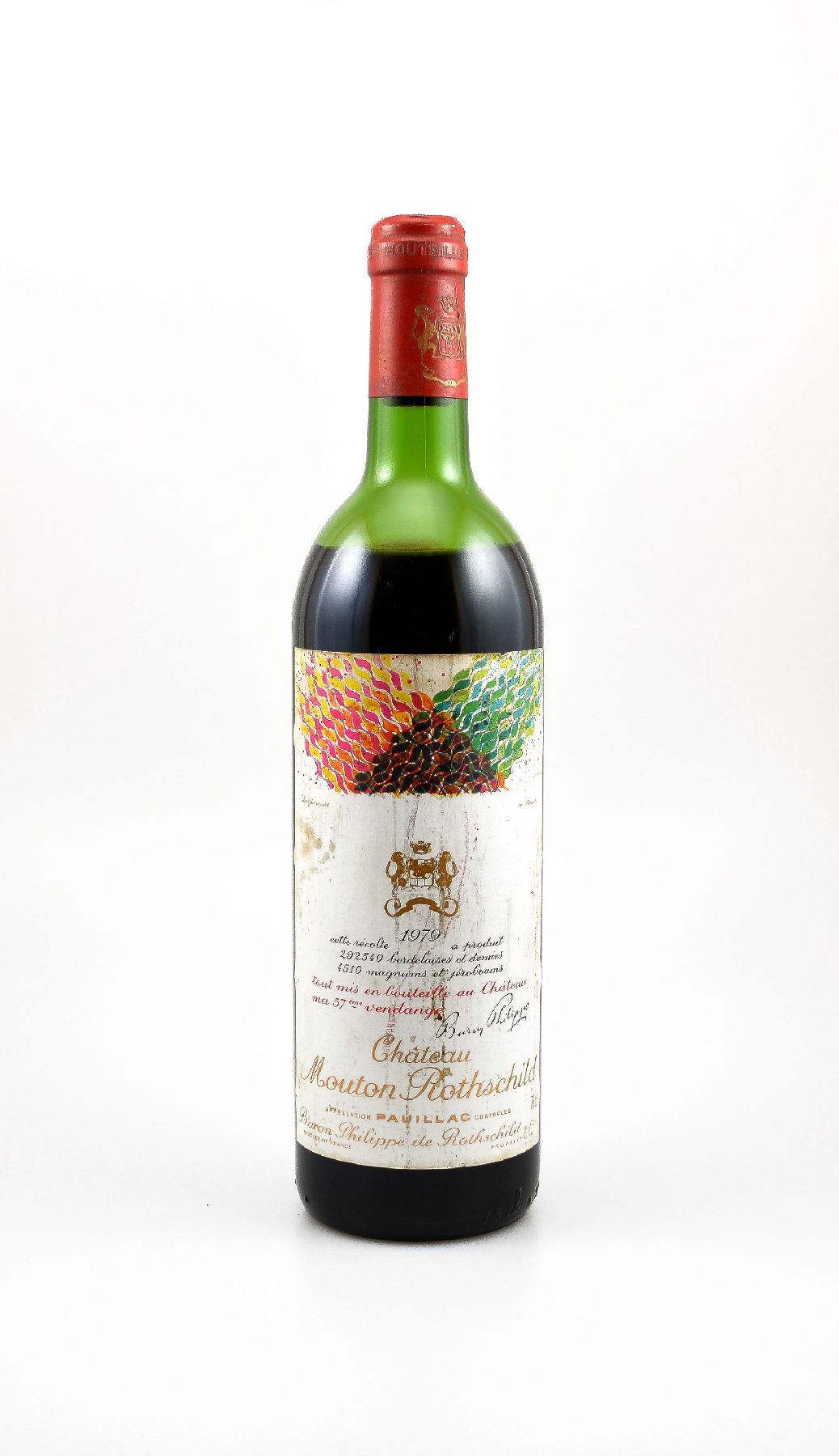 1 Flasche 1979 Chateau Mouton Rothschild, Pauillac, Premier Grand Cru Classe, ca. 75 cl, Füllstand: ca. mid shoulder, Etikett beschmutzt, ...