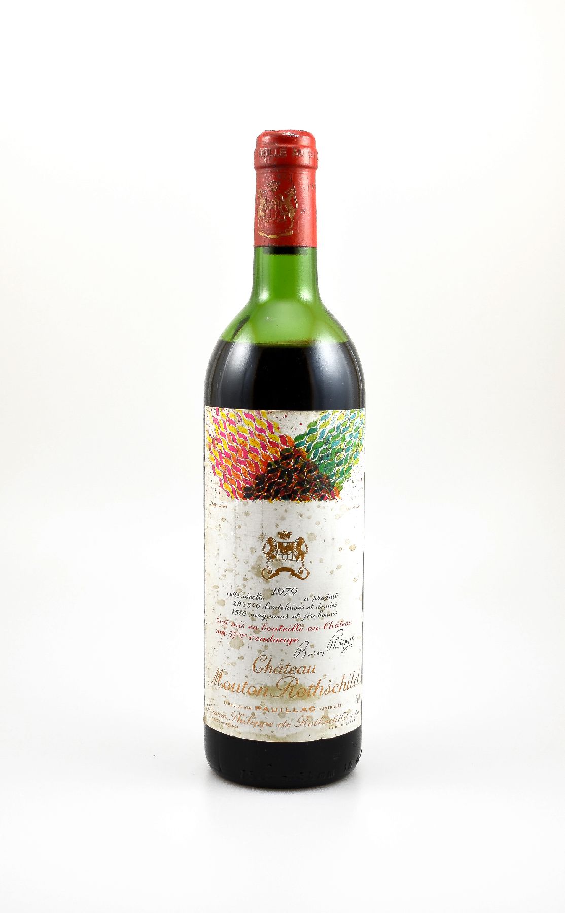 1 Flasche 1979 Chateau Mouton Rothschild, Pauillac, Premier Grand Cru Classe, ca. 75 cl, Füllstand: ca. mid shoulder, Etikett beschmutzt, ...