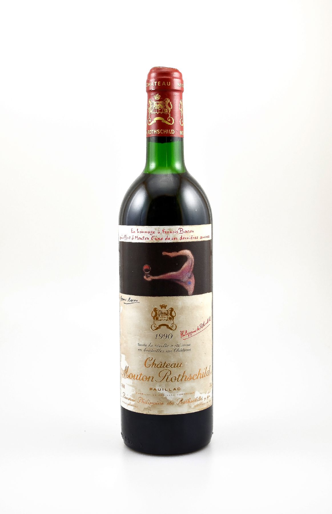 1 Flasche 1990 Chateau Mouton Rothschild, Pauillac, ca. 75 cl, 12,5 % Vol., Füllstand: top shoulder, Etikett bzw. Rückenetikett fleckig, ...