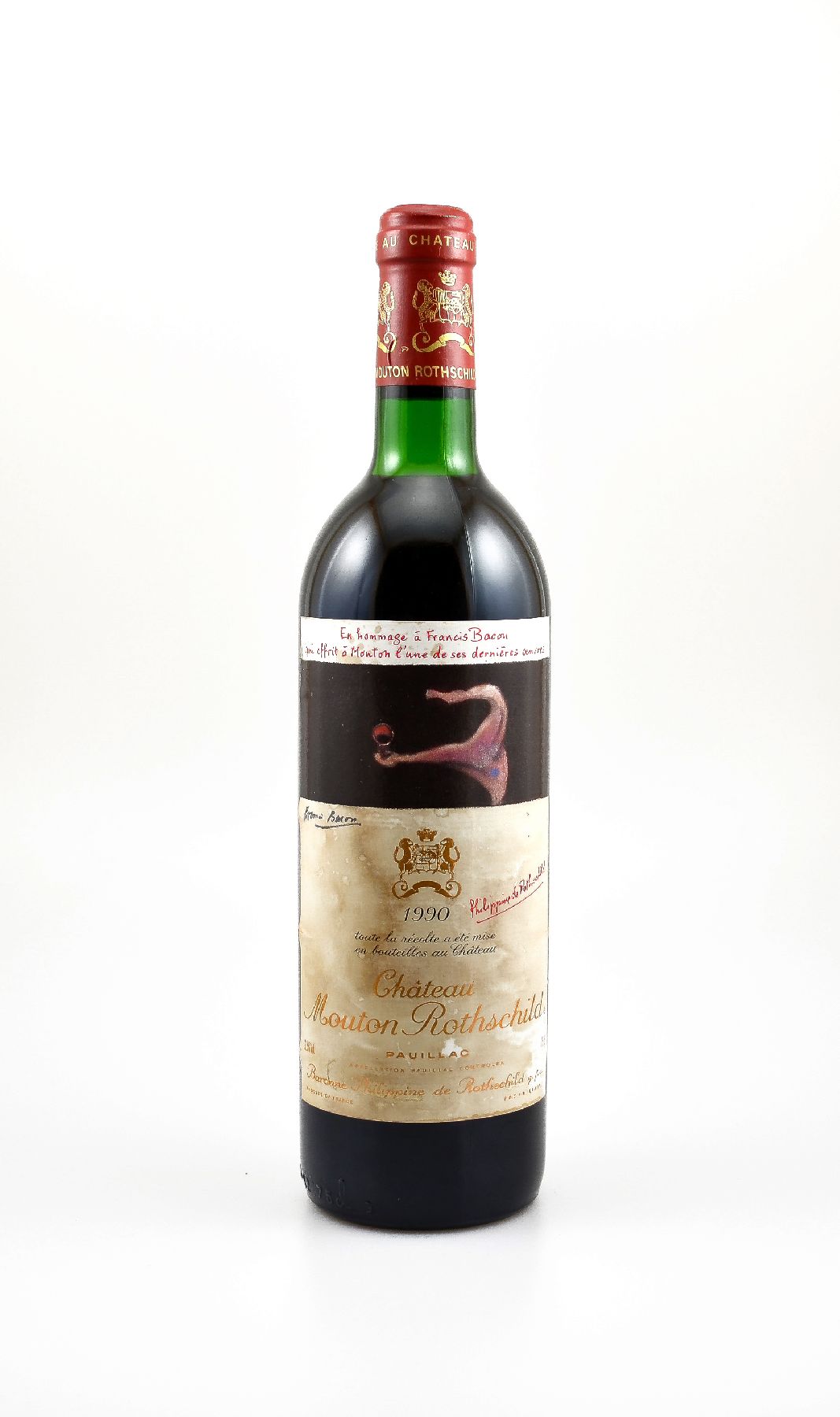 1 Flasche 1990 Chateau Mouton Rothschild, Pauillac, ca. 75 cl, 12,5 % Vol., Füllstand: top shoulder, Etikett bzw. Rückenetikett fleckig, ...