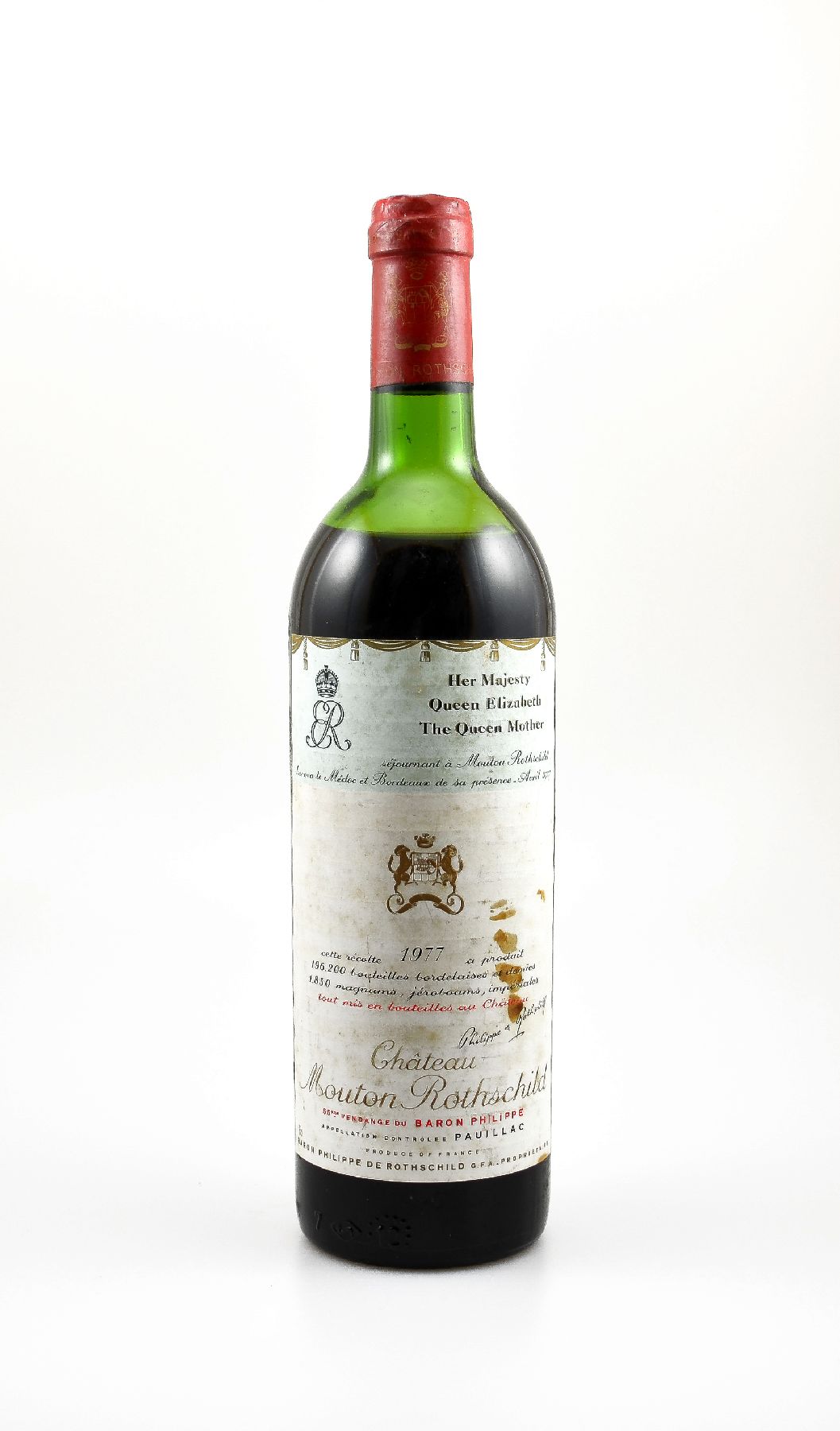 1 Flasche 1977 Chateau Mouton Rothschild, Pauillac, Premier Grand Cru Classe, ca. 75 cl,Füllstand: ca. mid shoulder, Etikett beschmutzt, ...