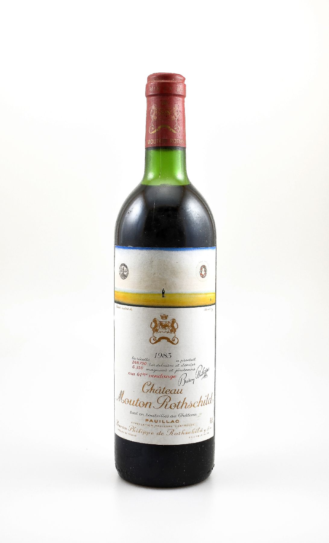 1 Flasche 1983 Chateau Mouton Rothschild, Pauillac, Premier Grand Cru Classe, ca. 75 cl,Füllstand: ca. top shoulder, guter Erhaltungszustand, ...