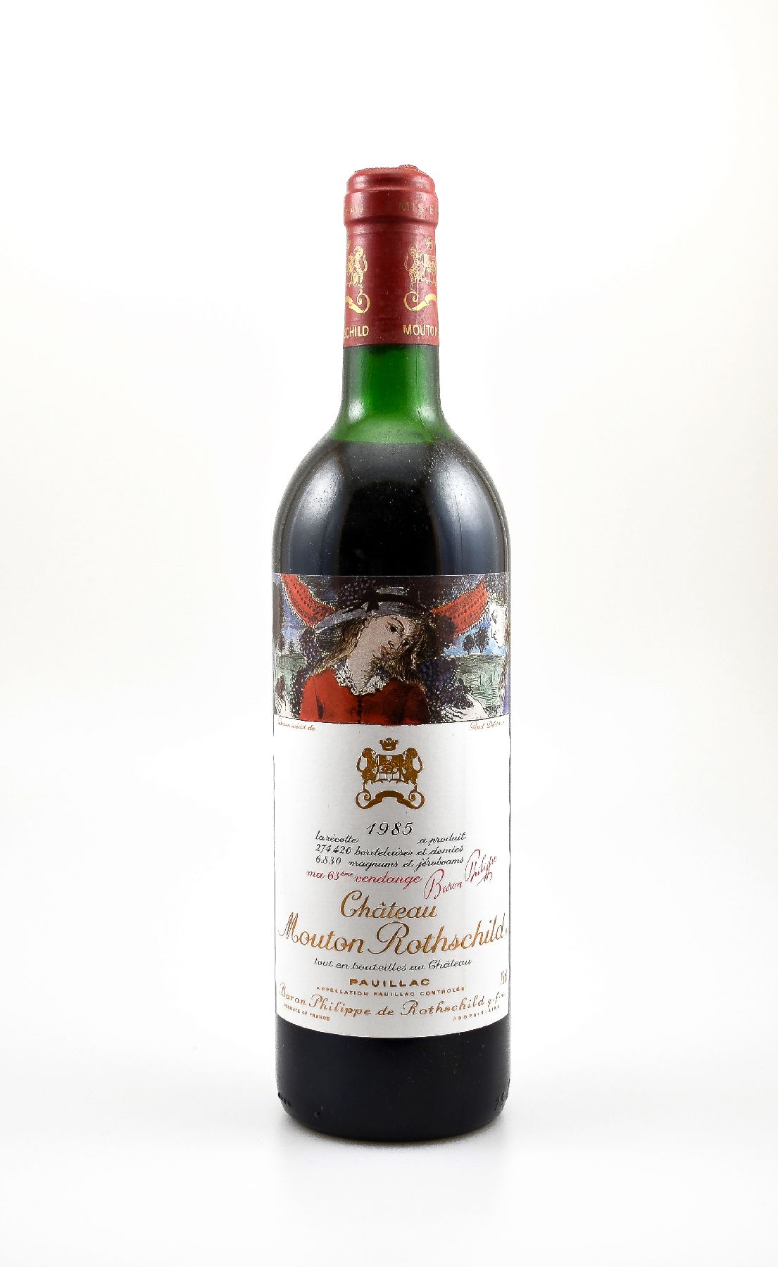 1 Flasche 1985 Chateau Mouton Rothschild, Pauillac, Premier Grand Cru Classe, ca. 75 cl,Füllstand: ca. upper mid shoulder, Etikett l. beschmutzt, ...
