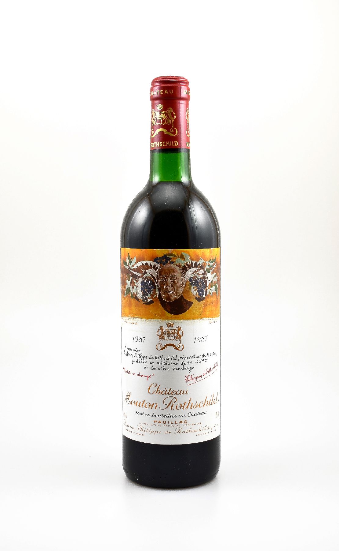 1 Flasche 1987 Chateau Mouton Rothschild, Pauillac, Premier Grand Cru Classe, ca. 75 cl,12 % Vol., Füllstand: ca. top shoulder, unverkostet, sehr ...