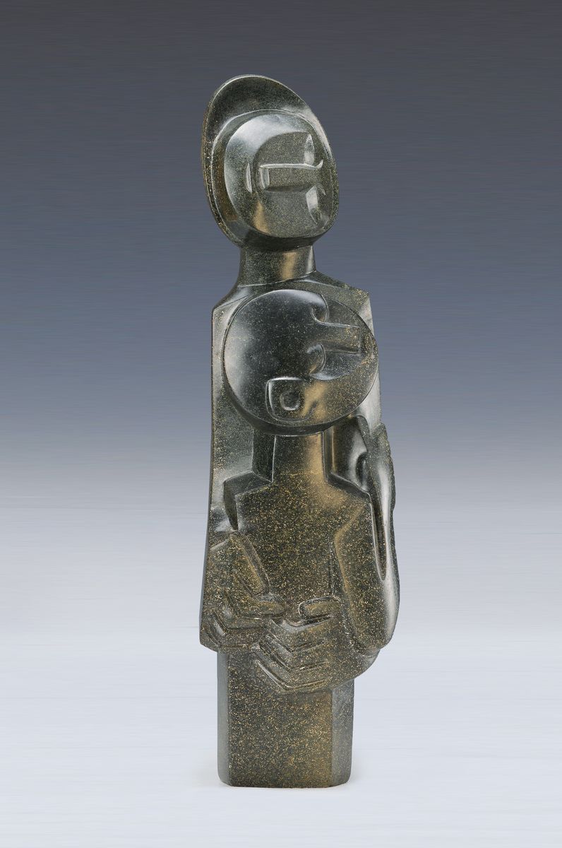 Nikolas Makuberangwa, geb. 1940, zeitgenössischer Künstler aus Zimbabwe, in den 90er Jahren verstorben, hier Mutter und Kind, dunkler, Serpentin, ...