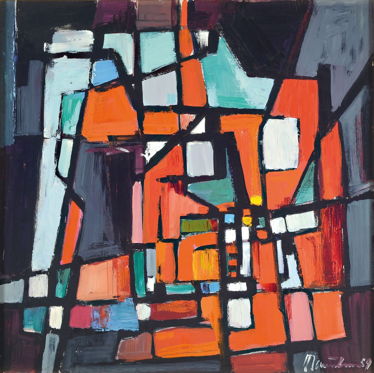 Hans Theo Baumann,1924-2016, Häuser auf rotem Gestein, Öl/Platte, signiert dat. 59, ca. 90 x 90 cm, Rahmen 93.5 x 93.5 cm