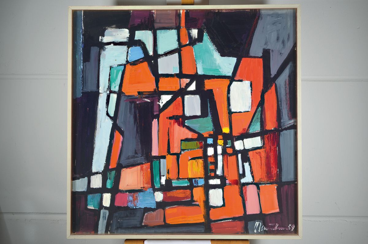 Detail k: Hans Theo Baumann,1924-2016, Häuser auf rotem Gestein, Öl/Platte, signiert dat. 59, ca. 90 x 90 cm, Rahmen 93.5 x 93.5 cm