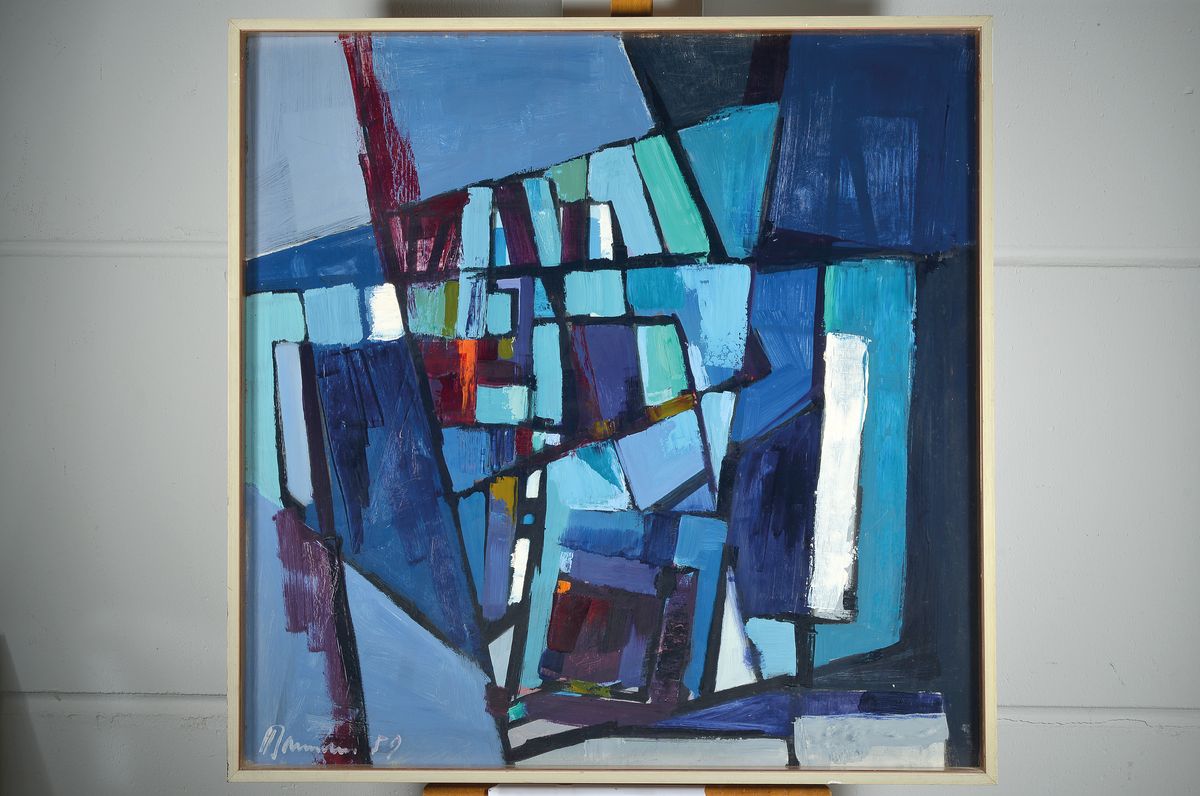 Detail k: Hans Theo Baumann,1924-2016, Häuser auf blauem Gestein, Öl/Platte, signiert dat. 59, ca. 90 x 90 cm, Rahmen 93.5 x 93.5 cm