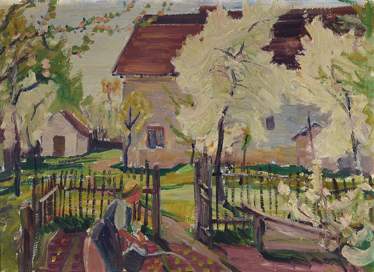 Zuschreibung: Arnold Balwé, Dresden 1898- 1983, typische Gartenansicht mit blühenden Bäumen in warmen gedämpften Farben, häufig in dieser Art ...