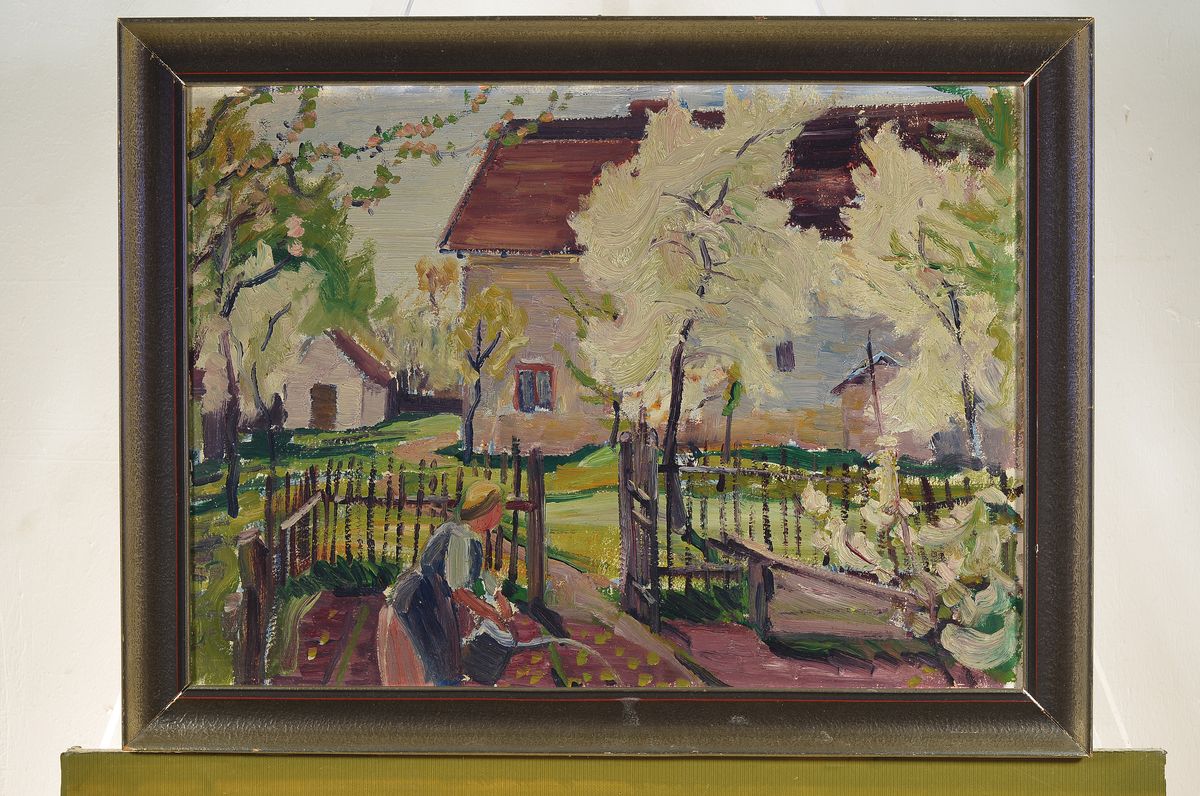 Detail k: Zuschreibung: Arnold Balwé, Dresden 1898- 1983, typische Gartenansicht mit blühenden Bäumen in warmen gedämpften Farben, häufig in dieser Art ...