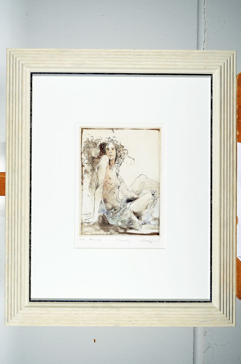 Detail k: Jürgen Görg, geb. 1951 Dernbach/Westerwald, drei Farbradierungen, drei Aktdarstellungen, alle drei num. und bezeichnet: Sitzende e.a. XVIII/XX, b. ...