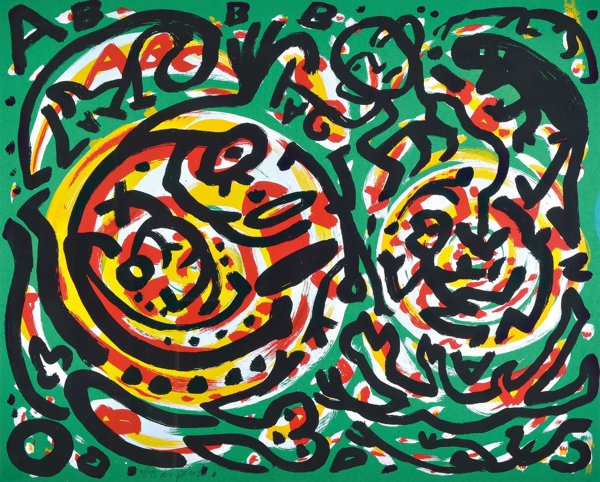 A. R. Penck, 1939-2017, ohne Titel, Farbserigraphie, links unten signiert und nummeriert 34/55, ca. 87x107cm/104x122cm, unter Glas gerahmt