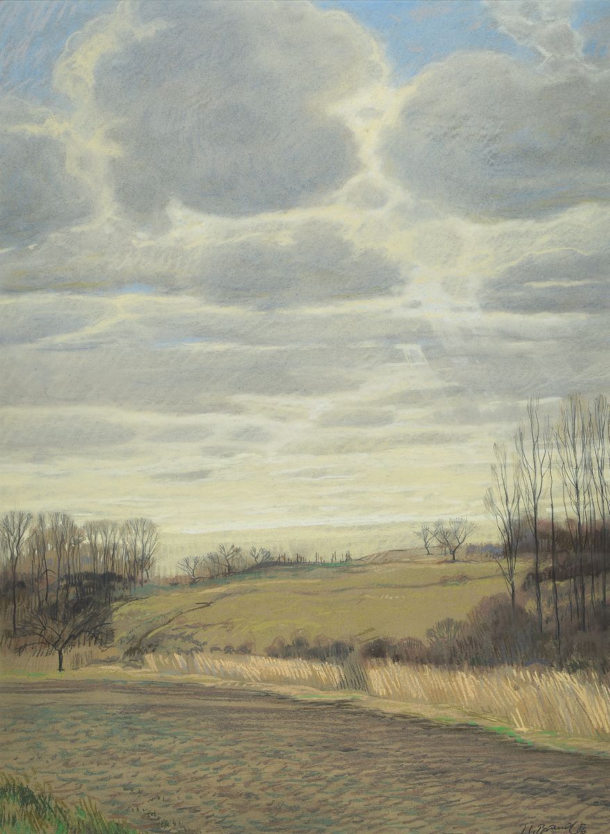 Werner Brand, geb. 1933 Löbbau, lebt und arbeitet in der Pfalz, hier: Bei Römerberg, Pastell auf Papier, signiert und datiert (19)86, Passepartout, ...