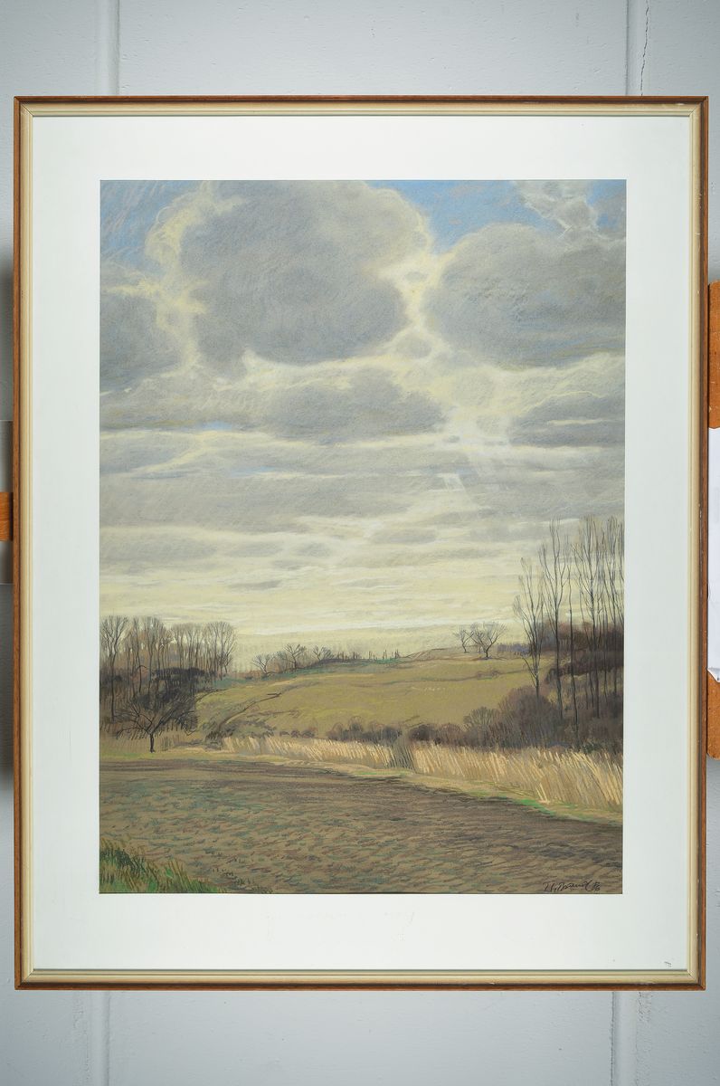 Detail k: Werner Brand, geb. 1933 Löbbau, lebt und arbeitet in der Pfalz, hier: Bei Römerberg, Pastell auf Papier, signiert und datiert (19)86, Passepartout, ...